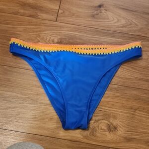 No Boundaries Bright Blue Bikini Bottom with Pink and Yellow Crochet Waist Trim